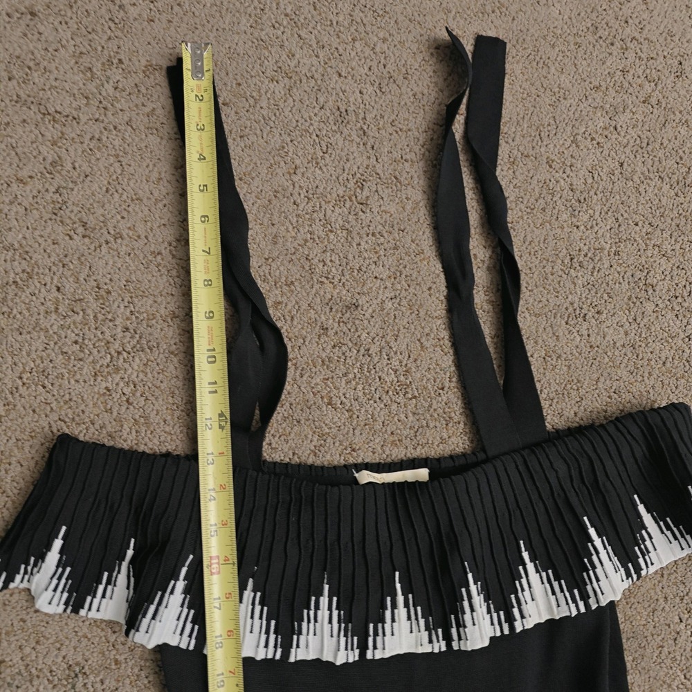 Maje Black White Zig-Zag Pleated Off-the-Shoulder Knit Midi Dress Size 3 L - Picture 14 of 14
